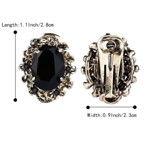 Antique Yellow Gold with Black Onyx Austrian Crystal Cameo Clip On Stud Earrings - Picture 5 of 5